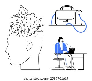 Head with flowers symbolizing creativity, businesswoman on laptop at desk, and a briefcase. Ideal for productivity, workplace, mental wellness, creativity, business planning, self-growth