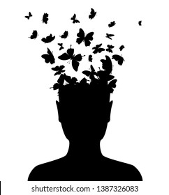 Head with flying butterflies . Vector isolated decoration element from scattered silhouettes. Conceptual illustration of creative thinking, brainpower and  innovation exploration.