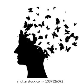 Head with flying butterflies . Vector isolated decoration element from scattered silhouettes. Conceptual illustration of creative thinking, brainpower and  innovation exploration.