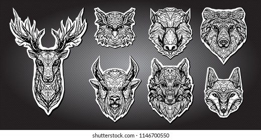 Head of forest animals isolated on dark background. Vector set: Wolf, wild boar, owl and fox, bear, bison and deer - filigree detailed hand drawing. Tattoo Stickers, prints on T-shirts