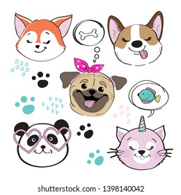 The head of a fox, a dog, a cat and a panda on a white background