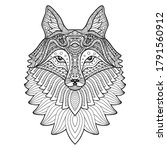 Head fox. Hand drawing black outline on a white background. Ornament, pattern Fox isolated. Coloring.
