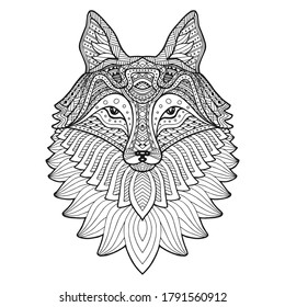 Head fox. Hand drawing black outline on a white background. Ornament, pattern Fox isolated. Coloring.