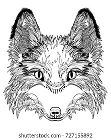 Head of a fox. Meditation, coloring of the mandala. Fluffy face with large ears. Drawing manually, templates. Strips, points, arrows. Spots of paint, spray.