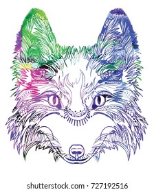 Head of a fox. Meditation, coloring of the mandala. Fluffy face with large ears. Drawing manually, templates. Strips, points, arrows. Spots of watercolor paint, spray.