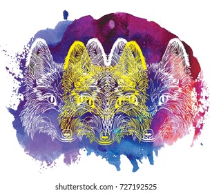 Head of a fox. Meditation, coloring of the mandala. Fluffy face with large ears. Drawing manually, templates. Strips, points, arrows. Spots of watercolor paint, spray.