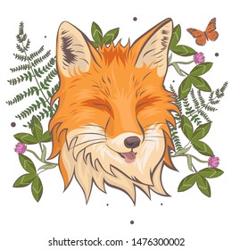 The head of a fox surrounded by clover and fern. Isolate on a white background. Vector graphics.