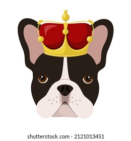 The head of a French bulldog with a golden crown on a white background. Cartoon design.
