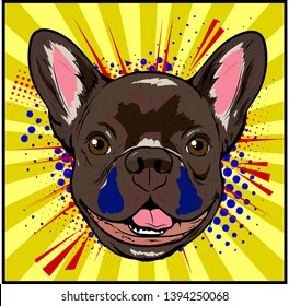 Head of a French Bulldog Pop Art Comic Book hand drawing. Vector retro colorful illustration