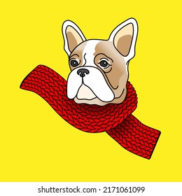 Cabeza de un bulldog francés con una bufanda roja en un fondo amarillo.  Retrato de dibujo de color, vector de un cachorro de bulldog francés.Ilustración vectorial.