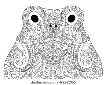 Head froggy coloring book vector illustration. Anti-stress coloring for adult toad. Zentangle style. Black and white lines hoptoad. Lace pattern anuran