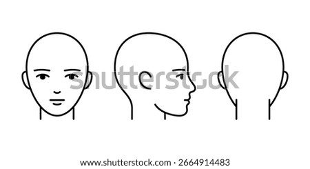 Head full face, profile and back line icon. Unisex head template without hair. Vector isolated illustration