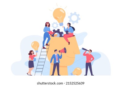 Head full of ideas and tiny people brainstorming together. Creative office persons with bulbs doing research flat vector illustration. Creativity, teamwork, innovation, education, imagination concept