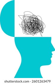 Head full of thoughts, confused, anxious, fear, chaos, and stressed brain. Profile of person with mental health concept. Vector illustration