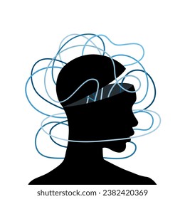 A head full of thoughts, fear, chaos, problems to solve. Depression, brain fog. Mental health concept. Vector psychological illustration.