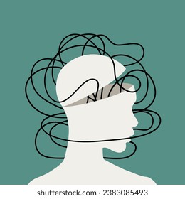 A head full of thoughts, fear, chaos, problems to solve. Anger, aggression. Mental health concept. Vector psychological illustration.