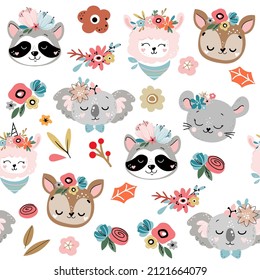 Head funny animals boho style seamless pattern on a white background. Vector illustration on white background. T-shirt design