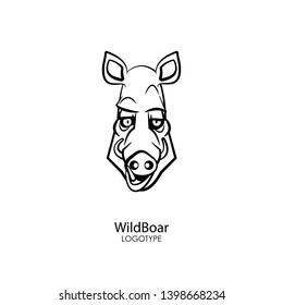 The head of a funny cool boar on a white background. Sticker, pattern, background, wall decoration. Vector illustration. Cartoon character forest dweller and steppe.