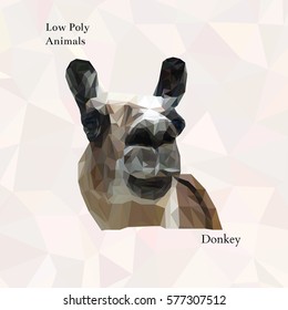 Head of funny donkey portrait from low poly. Vector polygonal illustration. Collection of triangle animals. Realistic image