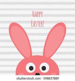 Head of a funny Easter bunny with big eyes and ears. Striped gray background painted with a brush. Vector illustration.