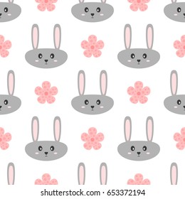 Head funny gray rabbit and pink flowers. Cartoon seamless pattern for children. Vector illustration.