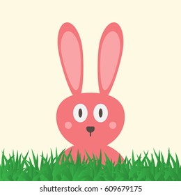 Head of a funny pink rabbit with big eyes. Green grass. Easter card. Vector illustration.