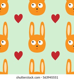 Head of funny rabbit and hearts. Seamless pattern.  Green, red, orange.