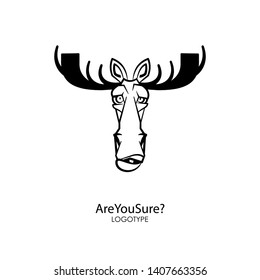 The head of a funny serious moose with big horns. Sticker, pattern, background, decoration. Vector illustration. Cartoon character forest dweller. Are you sure?