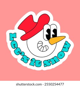 Head of funny snowman with carrot nose in red top hat. New Year velcro for decorating gift or card in style of 2000. Cartoon Y2K retro sticker on pink background