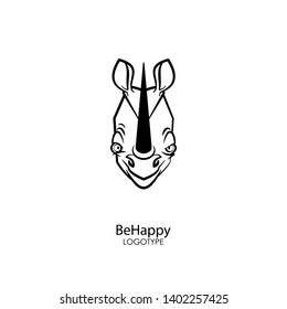 Head of a funny tough contented and happy rhino with a smile on a white background. Sticker, pattern, background, wall decoration. Vector illustration. Cartoon character of the southern inhabitant.