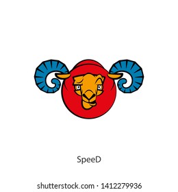 Head of a funny tough ram on a white background. Sticker, pattern, background, wall decoration. Vector illustration. Cartoon character farm animal. The energy of the ram. Speed. Speedly.