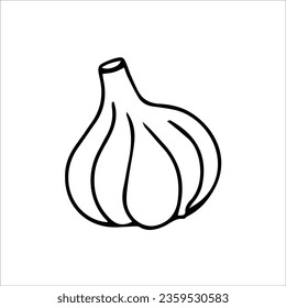 Head of garlic. Vector black-and-white hand-drawn illustration. Isolated object. Clipart, template, sketch, icon, logo. a shadow.
