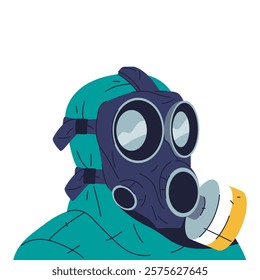 Head in gas mask and hazard costume. Vector illustration of protective respirator and hazardous gear for danger environment. Safety and contamination, biohazard emergency. Industrial zone protection.