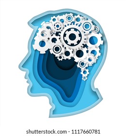 Head with gear brain paper art style thinking concept paper cut  blue color in head human vector