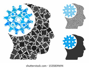 Head gear composition of abrupt pieces in various sizes and color hues, based on head gear icon. Vector uneven elements are organized into composition. Head gear icons collage with dotted pattern.