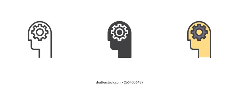 Cabeza con engranaje diferente conjunto de iconos de estilo. Icono de Vector de contorno de línea, sólido y relleno. Proceso mental, pensamiento, inteligencia, símbolo de configuración. Icono de cabeza humana de Vector.