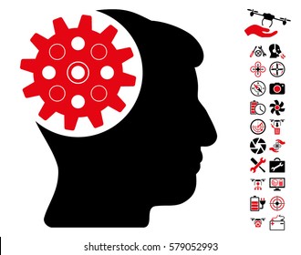 Head Gear icon with bonus copter tools design elements. Vector illustration style is flat iconic intensive red and black symbols on white background.