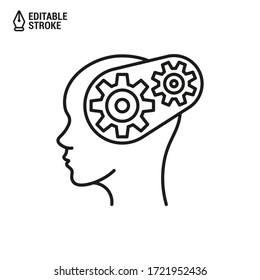 Head with gear icon. Concept of brain work. Cogwheels in the head. Vector outline icon with editable stroke