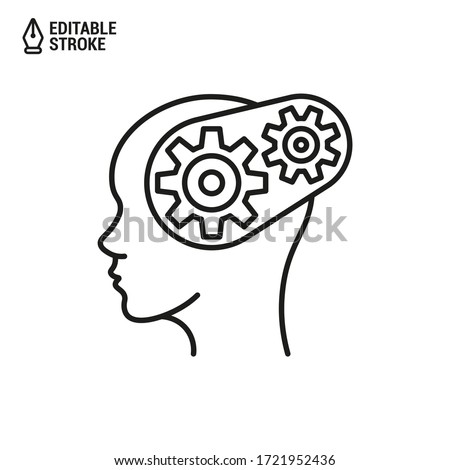 Head with gear icon. Concept of brain work. Cogwheels in the head. Vector outline icon with editable stroke