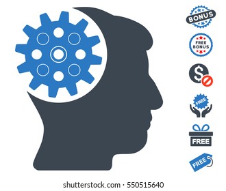 Head Gear icon with free bonus design elements. Vector illustration style is flat iconic symbols, smooth blue colors, white background.