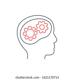 Head with gear icon. Idea logo. Symbols of thinking. illustration of Smart Intelligence and brainstorming.