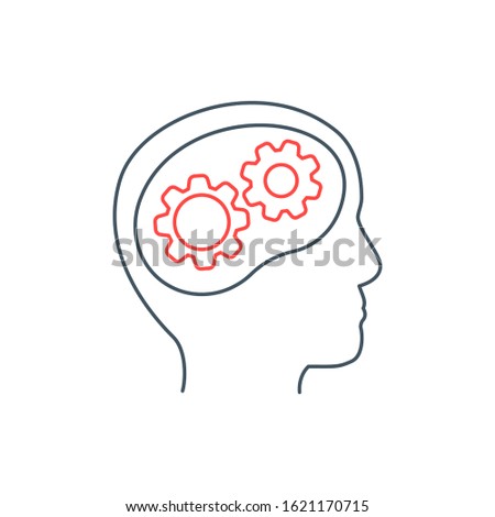 Head with gear icon. Idea logo. Symbols of thinking. illustration of Smart Intelligence and brainstorming.