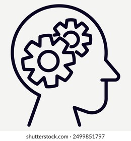 head with gear icon in line style, illustration of creative thinking, thought process, logic, problem solving, suitable for website application buttons and infographic elements.