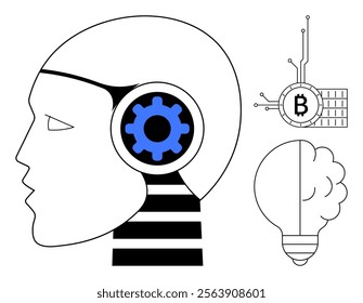 A head with a gear inside, symbolizing human intelligence fused with technology a brain-shaped light bulb representing innovation, and a Bitcoin symbol intertwined with circuits. Ideal for