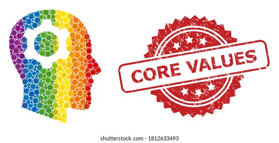 Head gear mosaic icon of round dots in variable sizes and spectrum color tinges, and Core Values unclean rosette seal imitation. A dotted LGBT-colored Head gear for lesbians, gays, transgenders,