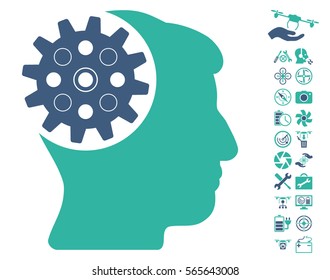 Head Gear pictograph with bonus quad copter tools pictograph collection. Vector illustration style is flat iconic cobalt and cyan symbols on white background.