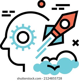 Head with gear and rocket. Big idea thinking process concept.