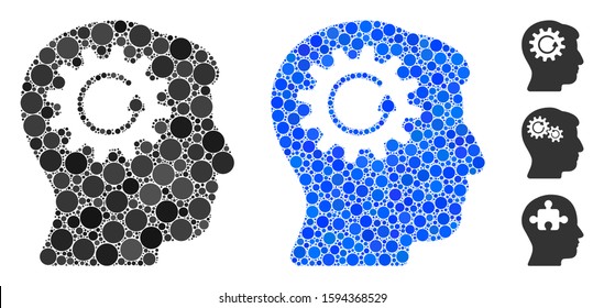 Head gear rotation composition of round dots in different sizes and shades, based on head gear rotation icon. Vector round dots are grouped into blue collage.