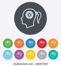 Head with gear sign icon. Female woman human head think symbol. Round colourful 11 buttons. Vector