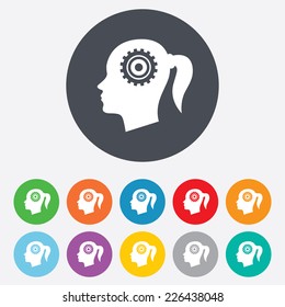 Head with gear sign icon. Female woman human head think symbol. Round colourful 11 buttons. Vector